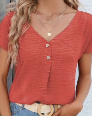 819050f0-9104-4156-b42a-705d50ceb480 Solid Button Front Blouse, Casual V Neck Short Sleeve Blouse For Spring & Summer, Women's Clothing