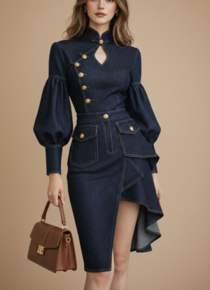 84c96ff6-8624-44d3-b527-3c51686fda0c Architectural Indigo Denim Midi Dress-Military Gold-Tone Hardware & Bishop Sleeves