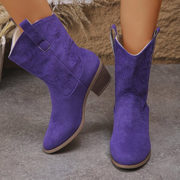 8669b2b6-ac8a-4a93-a3f3-3b05b20e3be3 Pointed Toe Western Boots Fashion Retro Embroidered Chunky Square-heeled Mid-calf Boot For Women