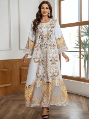 876df737-62d4-48a7-8aec-8a6844b1bd24 Ladies' Round Neck Rhinestone Decorative Print Long Abayalian Dress
