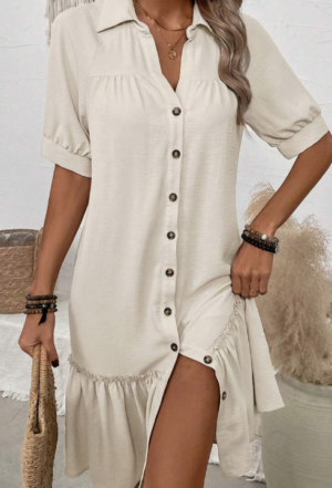 8ccf4d34-6e83-44cf-b495-480af53d8f4d LUNE Solid Color Turn-Down Collar Button Up Dress With Ruffle Hem