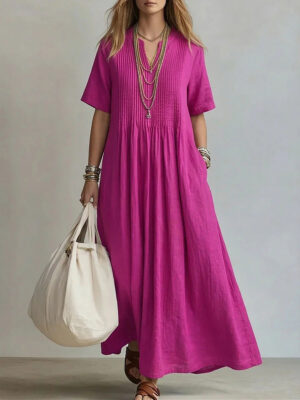 8ce243b1-5142-4028-8e21-e3664d9bbf14-1 Casual Loose V-Neck Short-Sleeve Pleated Cotton-Linen Dress