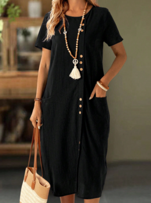 90c8ecd4-3a65-4f56-a740-199b7eb60008 Women's Solid Color Button Front Short Sleeve Pocket Casual Dress