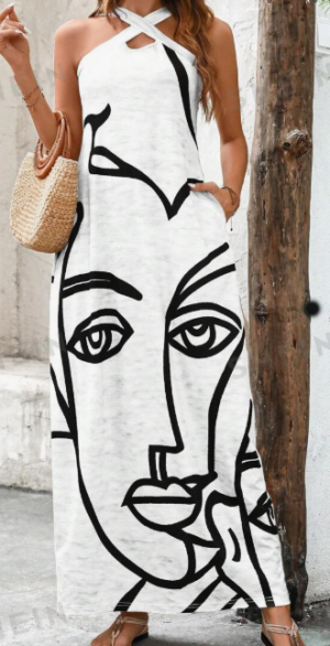 96c813ce-2f2c-42f2-a588-0d5310325200 Women Summer Casual Vacation V-Neck Straight Dress, With Side Pockets, Stripes And Face Print Pattern