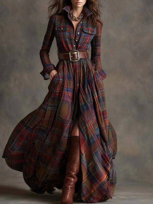 Ins Plaid Print Long-Sleeved Dress Fashion Pockets Collared Buttons Shirt Long Dresses Retro Women's Clothing