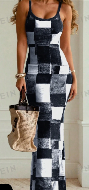 99385a4f-aff7-446e-a909-ada10aa86b6c Women's Fashionable Grid Patterned Slim Fit Bodycon Dress