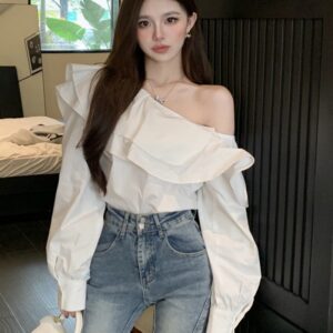 999bf261-ed3e-44f6-be02-5c04021ff375 Women's Ruffled Off-the-shoulder Long Sleeve Design Elegant Socialite Shirt