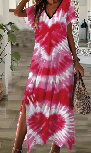 9a263acc-0f05-4017-835d-07a0df975361 Valentine's Day Elegant Targeted Women's Short Sleeve V-Neck Peach Love Print Split Floor-Length Dress