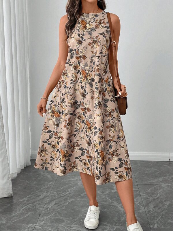 Round Neck Sleeveless Flared Hem Retro Floral Print Casual Elegant Midi Dress