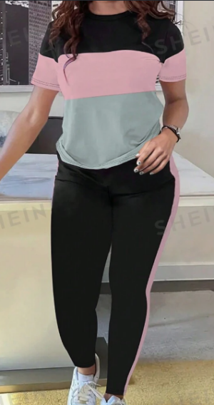 9f75c412-f9ed-425c-819e-4a322e12091c 2pcs Summer Casual Women Short Sleeve Colorblock T-Shirt And Pants Set