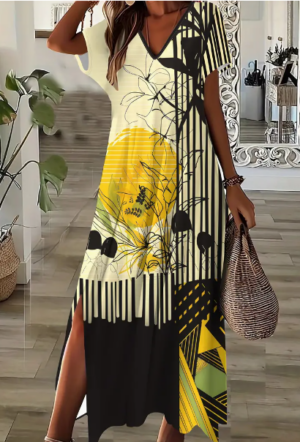 a1d47941-8498-4176-8953-70d81d5e3a0b Women'S Casual V-Neck Split Hem Dress, Plant Print Fitted Dress For Spring & Summer