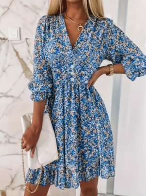 a7ac2d13-7f81-4271-8969-b449f76d03db V-Neck Floral Print Short Sleeve Bubble Sleeve A-Line Dress