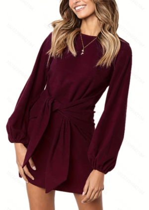 aabe1f7c-3692-4965-ad7e-1be511a3f4d8 Solid Tie Waist Crew Neck Dress, Elegant Slim Lantern Sleeve Dress For Spring & Fall, Women's Clothing