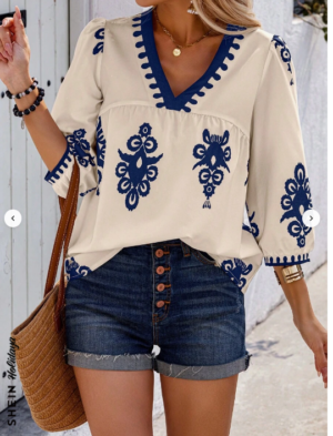 ad11e262-fe4f-4390-89cf-e3e700ed3b65 Holidaya Random Print V-Neck Casual Vacation Shirt For Women