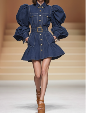 ad1823c5-5e08-4356-9525-799d1f7c9935 Puff Sleeve Belted Denim Shirt Dress Dark Blue Mini Silhouette