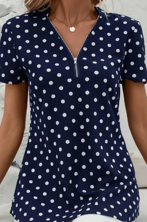 ae9fec98-5758-49b9-888f-c7989dd8cf7d Polka Dots Print V Neck Blouse, Elegant Zipper Front Short Sleeve Blouse For Spring & Summer, Women's Clothing