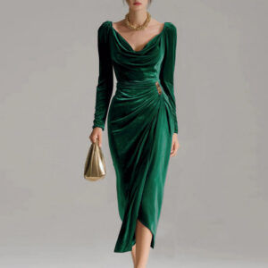 ba7e94d7-c565-4e35-8203-c3e8afa435f8 Long Sleeve Pleated Long Slit Velvet Sheath Dress