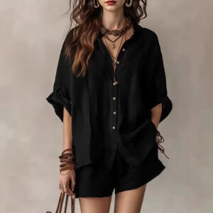 bad3516e-87d3-40ad-aaaf-214e1e1a9803 Two-Piece Set Womens Casual Summer Single-Breasted Short-Sleeved Shirt Wide-Leg Shorts For Daily Wear Work Holiday Outfits
