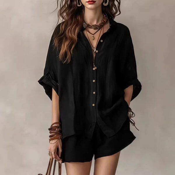 bad3516e-87d3-40ad-aaaf-214e1e1a9803 Two-Piece Set Womens Casual Summer Single-Breasted Short-Sleeved Shirt Wide-Leg Shorts For Daily Wear Work Holiday Outfits