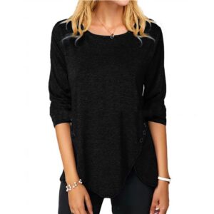 bc5675ae-b354-4a13-8aba-087ea6cf3b7e Irregular Button Hem Long Sleeved Round Neck Oversized T-shirt