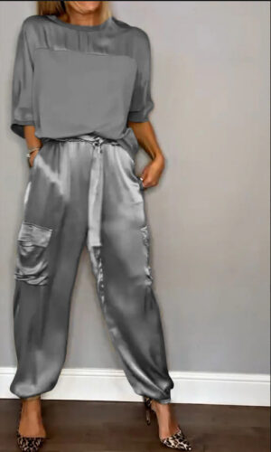 Smooth Satin Women's Short-sleeved Casual Pants Two-piece Set