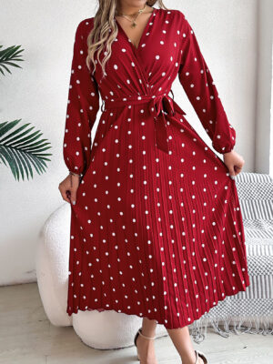 Spring Summer Elegant Long Dress Cross V-Neck Contrast Polka Dot Long Sleeve Pleated Bridesmaid Dresses