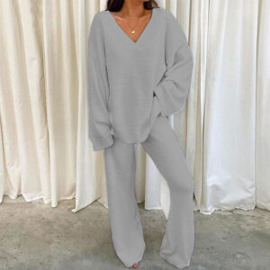 c2b9962f-fa7c-403c-8548-753f1e8c600b Comfortable Solid Color V-Neck Casual Daily Home Warmer Two-Piece Set