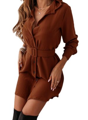 c466e8d6-a844-4685-939e-cb186ffb6a96 Lapel Long-sleeved Dress With Belt Fashion Elegant Button-down Shirt Dresses For Women
