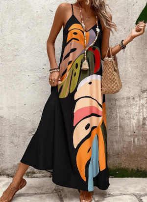 c5e198be-cd68-40bb-acfa-eb20040682a6 Women's Fashionable Colorful Leaf Printed Strappy Dress Maxi Women Outfit