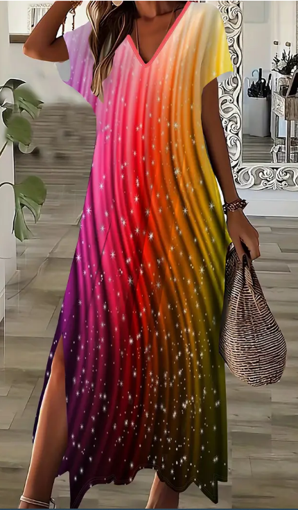 c82cbc04-b219-4572-b07c-95b3b3fd3f20 Women's Casual Ombre Print Plus Size Short Sleeve V-Neck Dress With Side Slit, Medium Stretch, All Seasons, Plus Size Casual Dress