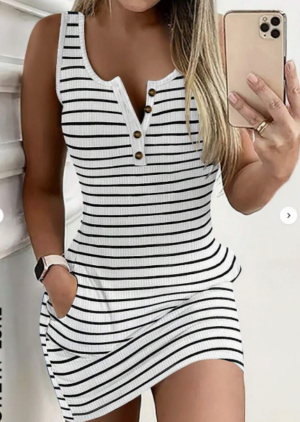 c8ae6cc7-2eab-4e75-8ae1-1723486adf4a Casual Round Neck Keyhole Button Pockets Striped Fitted Knit Tank Dress