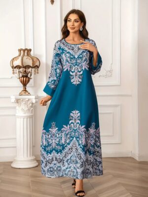 caf6551b-bc53-4a83-b7df-063b1944fe16 Printed Long Kaftan Dress - Long Sleeved, Round Neck With Bead Embellishment