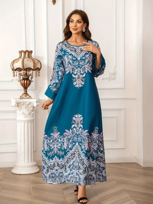 Printed Long Kaftan Dress - Long Sleeved, Round Neck With Bead Embellishment
