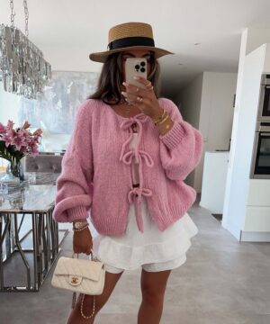 Casual Knitted Bow Lace Up Cardigan Women Solid O-neck Short Sleeve Hollow Out Sweater Female Autumn Lady Solid Streetwear