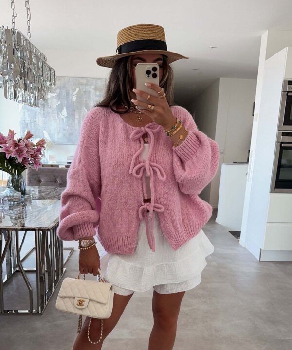 cbe37ef3-a881-4f62-acf4-cd05a3c92bd7 Casual Knitted Bow Lace Up Cardigan Women Solid O-neck Short Sleeve Hollow Out Sweater Female Autumn Lady Solid Streetwear