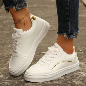 cea4a2d6-8e4d-46e7-8088-bf5c5f208058 Lace-up White Flats Shoes Fashion Round Toe Slip-on Thick Sole Casual Shoes For Women