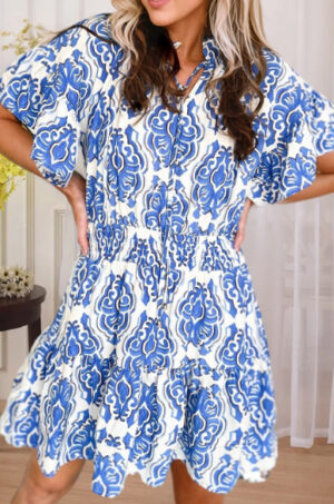 cfc2c528-37a8-4189-8ea6-ed456c3af516 Vintage Printed Wide Pleated Sleeve Dress