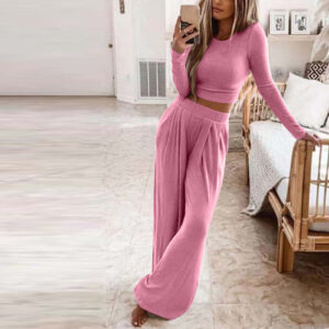 d80d747d-1077-42fa-9dc7-6ee32e010729-1 Women's Solid Color Knitted Casual Home Two Piece Suit Women