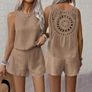 d90c3393-8758-45a2-aaee-a03005c396b9 Sleeveless Tank Top Shorts Solid Color Casual Two-piece Suit