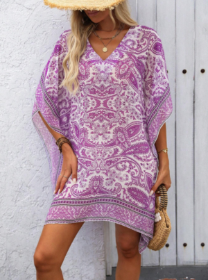 db0e2787-feec-42c3-b437-d1b3ad9b2e21 Swim Women's Vacation Paisley Print V-Neck Batwing Sleeve Loose Cover-Up Dress Summer