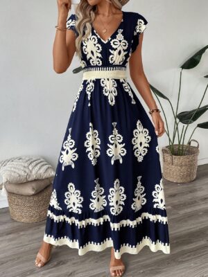 db2d3074-2e01-4a5e-abe3-dba6ceeb6ce4 Trim Cap Sleeve Cinched Waist Ruffle Hem A-Line Dress