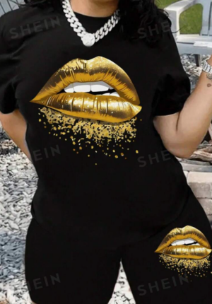 dc8aee33-c961-4468-acd9-9688f95e950c Women's Summer Casual Set Gold Lips Print Round Neck Short Sleeve T-Shirt And Shorts