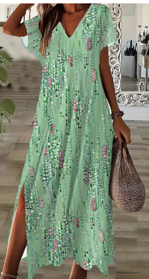 df7752ef-6c58-4817-823d-289d04a57913 Stunning Floral V-Neck Dress - 3D Printed, Split Hem, Loose Fit, All Seasons, Adult Size, Elegant And Comfortable For Women