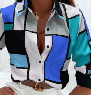e106d3f4-4fea-4d17-9fec-d861ebf36219 Women's Colorblock Printed Casual Single-Breasted Long Sleeve Shirt, Daily Wear