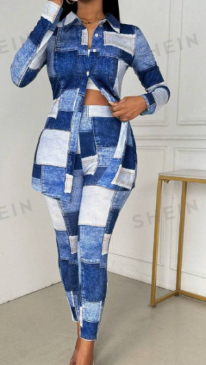 e192b52b-7223-4a2d-a04d-52bee7a1998e Women's Shirt Collar Long Sleeve Knit Denim Effect Top And Pants Set