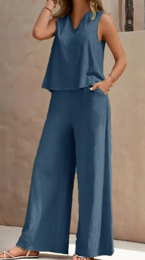 e29e2450-6186-44b9-a837-27ff2a2c928c Vibrant Solid Color Casual Pants Set - V Neck Sleeveless Tank Top, Wide Leg Pants With Pocket, Polyester Fabric, Machine Washable - Perfect For Summer, All Season Wear