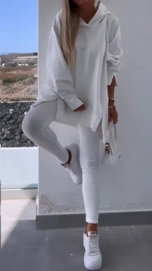 e7ee2cc2-25fd-4c8e-b3f8-72466366cf5b Women's Sports Casual Slit Hooded Sweatshirt Tights Two-piece Set