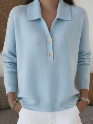 Button Lapel Sweater Women's Knitted Polo Neck Long Sleeve Pullover Top Casual Fall Winter Clothing