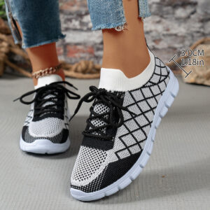 eb6abe2e-fb5c-484e-b517-5c7887c39837 Colorblock Plaid Lace-Up Flyknit Sneakers Ins Mesh Casual Shoes Fashion Breathable Walking Running Sports Shoes For Women