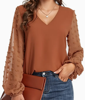 ec4c8dab-24a5-412f-b00f-b683281aedf6 Swiss Dot V Neck Shirt - Soft, Breathable, Casual Solid Shirt For Spring And Fall Season, Women's Clothing With Relaxed Fit And Classic Style